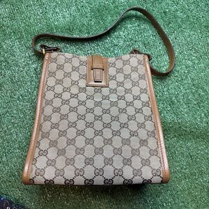Gucci GG Monogram Shoulder Bag Vintage Brown Gold Canvas Leather Authentic